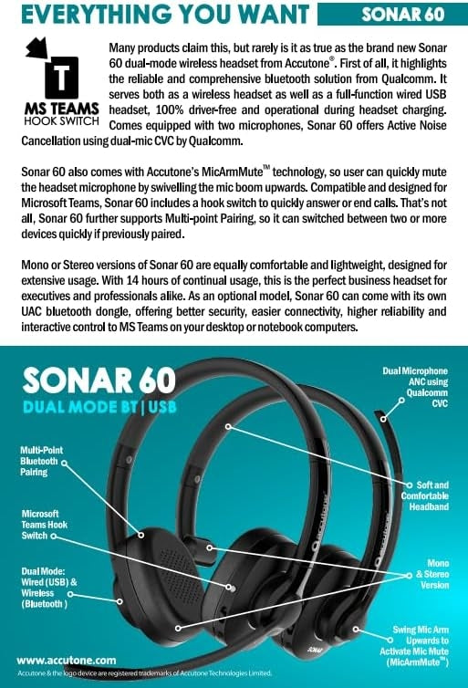 Accutone Sonar 60 Dual Bluetooth & USB Wired Headset with NC Mic, Long-Enduring Battery for PC/Mac & Cell Phones. Works with MS Teams/Skype/Zoom
