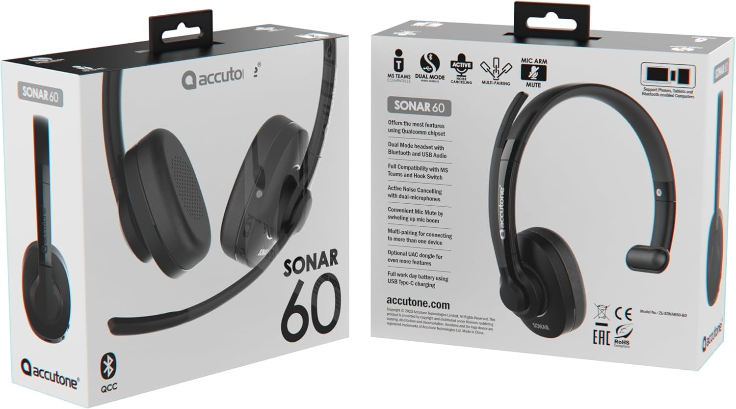 Accutone Sonar 60 Dual Bluetooth & USB Wired Headset with NC Mic, Long-Enduring Battery for PC/Mac & Cell Phones. Works with MS Teams/Skype/Zoom