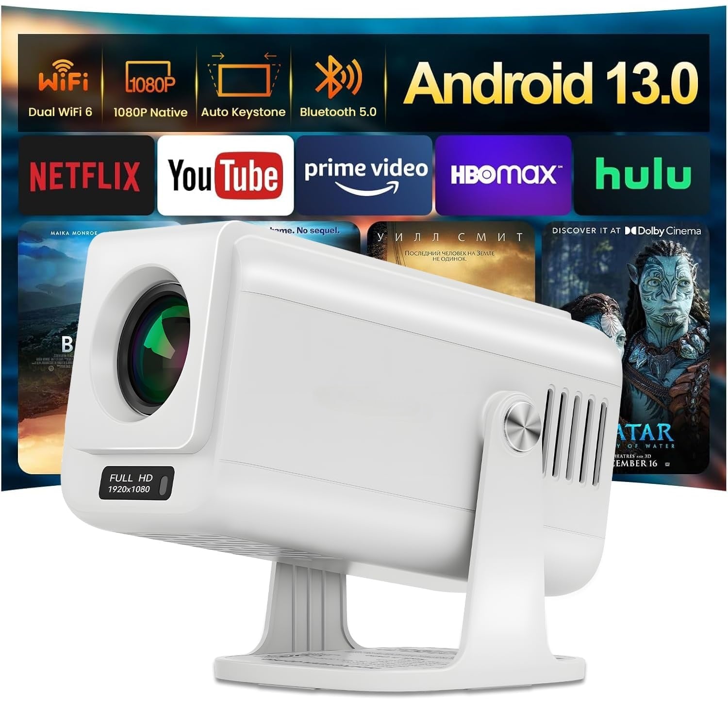 NÖRDIC Smart Projektor Android 13.0, Native 1080P, Auto Keystone, 300ANSI 4K HDR Support, Roterbar Design WiFi 6 & BT, Skærm spejling, ARC