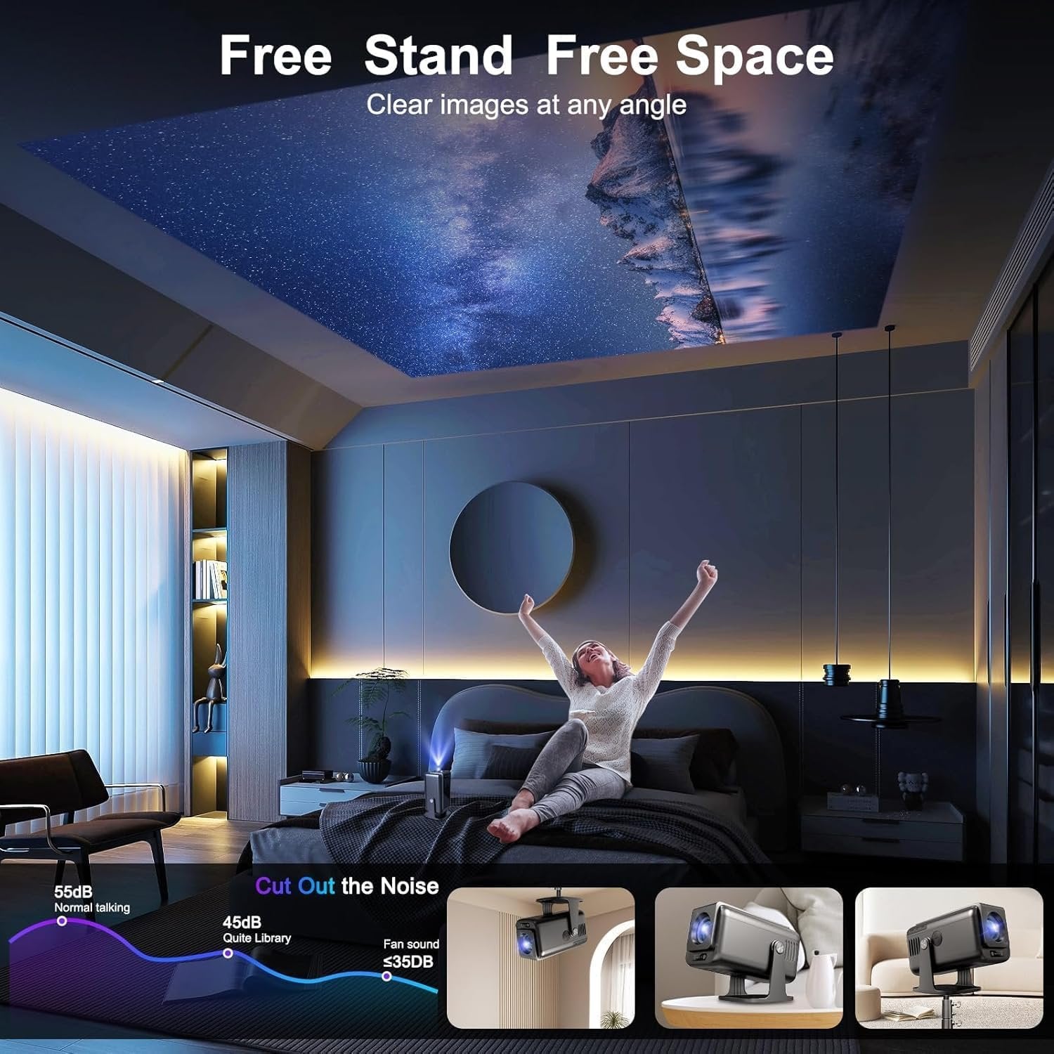 NÖRDIC Smart Projektor Android 13.0, Native 1080P, Auto Keystone, 300ANSI 4K HDR Support, Roterbar Design WiFi 6 & BT, Skærm spejling, ARC