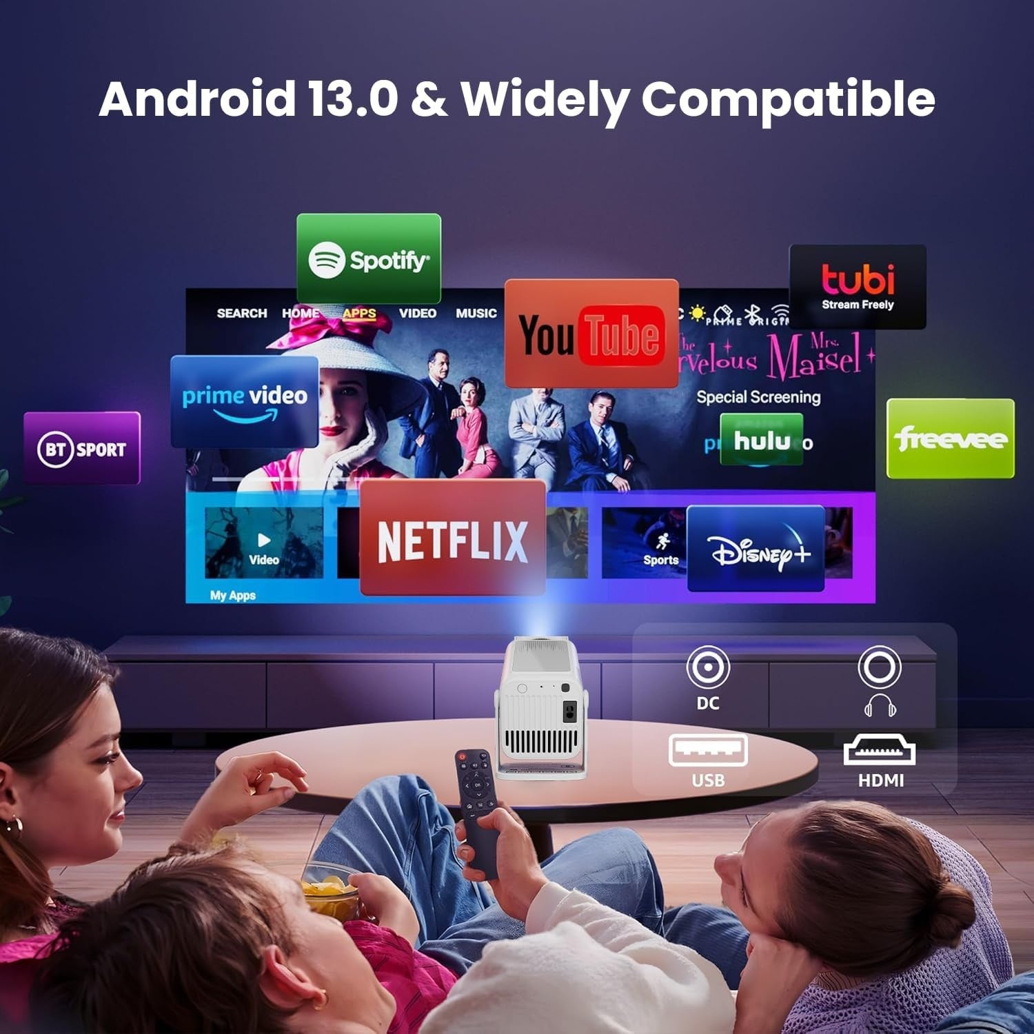 NÖRDIC Smart Projektor Android 13.0, Native 1080P, Auto Keystone, 300ANSI 4K HDR Support, Roterbar Design WiFi 6 & BT, Skærm spejling, ARC