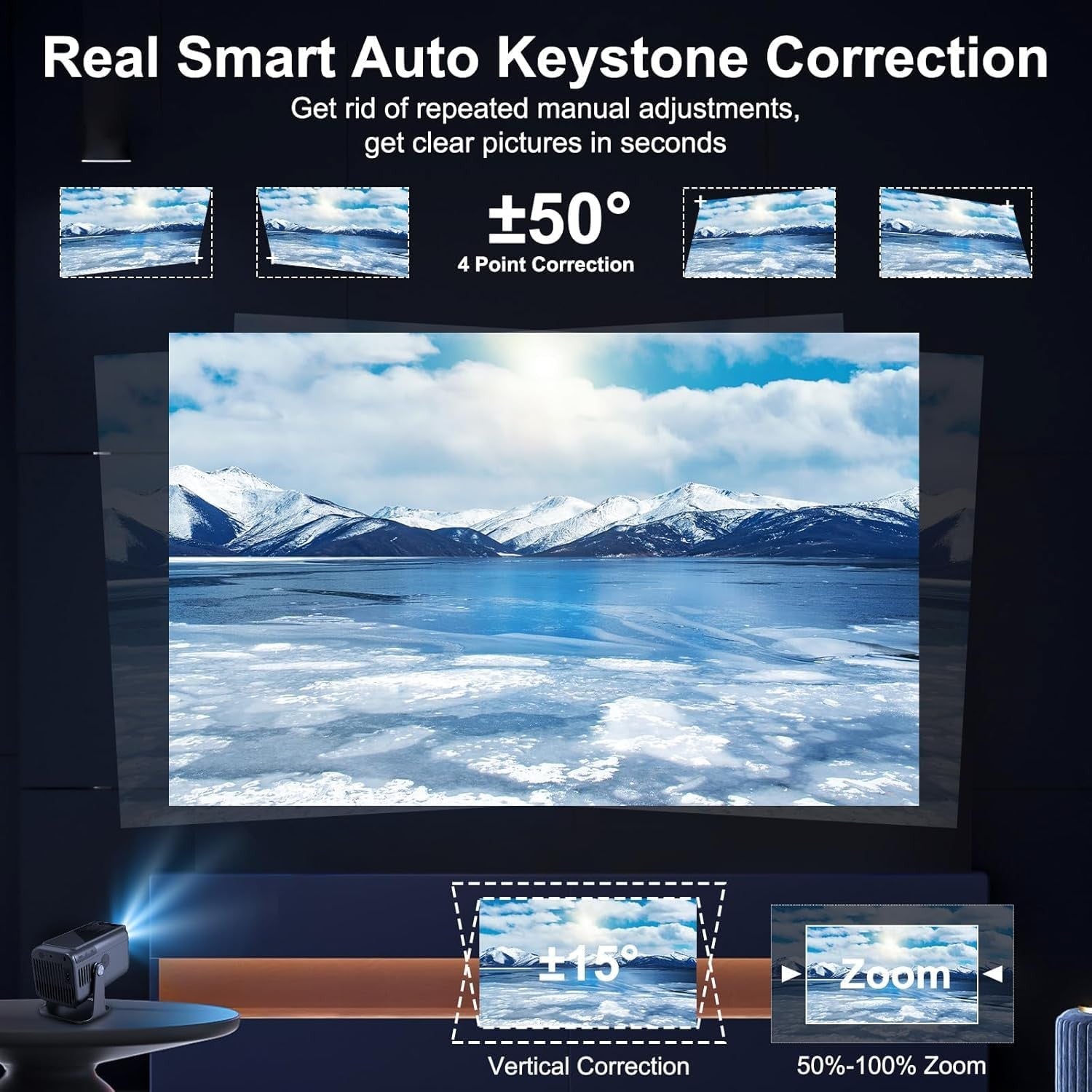 NÖRDIC Smart Projektor Android 13.0, Native 1080P, Auto Keystone, 300ANSI 4K HDR Support, Roterbar Design WiFi 6 & BT, Skærm spejling, ARC