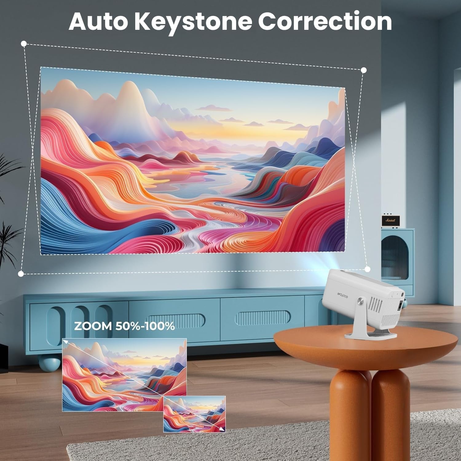 NÖRDIC Smart Projektor Android 13.0, Native 1080P, Auto Keystone, 300ANSI 4K HDR Support, Roterbar Design WiFi 6 & BT, Skærm spejling, ARC