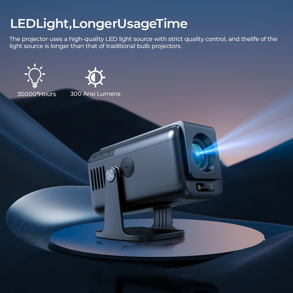 NÖRDIC Smart Projektor Android 13.0, Native 1080P, Auto Keystone, 300ANSI 4K HDR Support, Roterbar Design WiFi 6 & BT, Skærm spejling, ARC