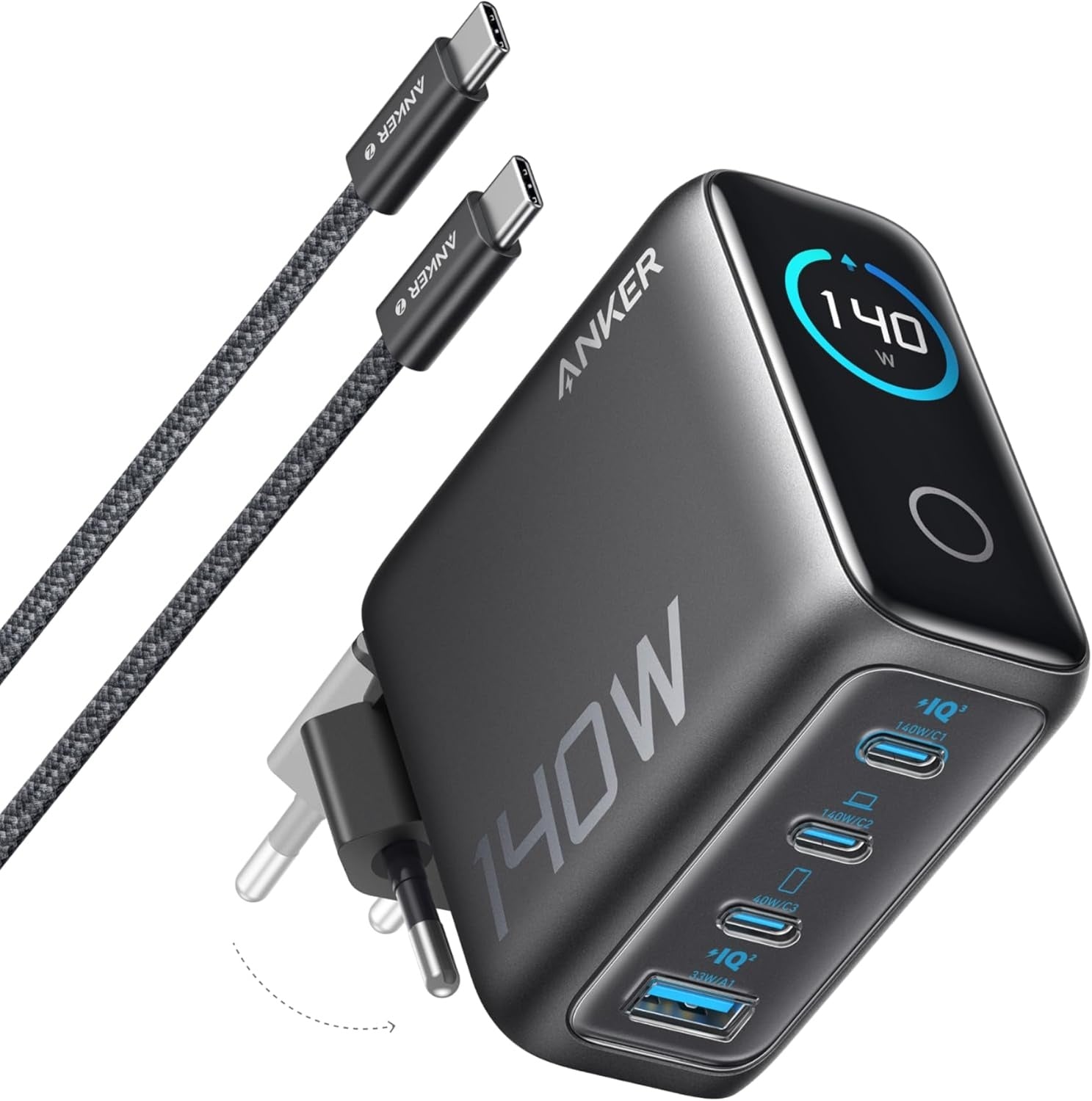 Anker 140W USB-C 4-Port Multi-Devices GaN-oplader, Touch Control, kompatibel med MacBook, iPhone 17/16/15, Samsung, Pixel og flere