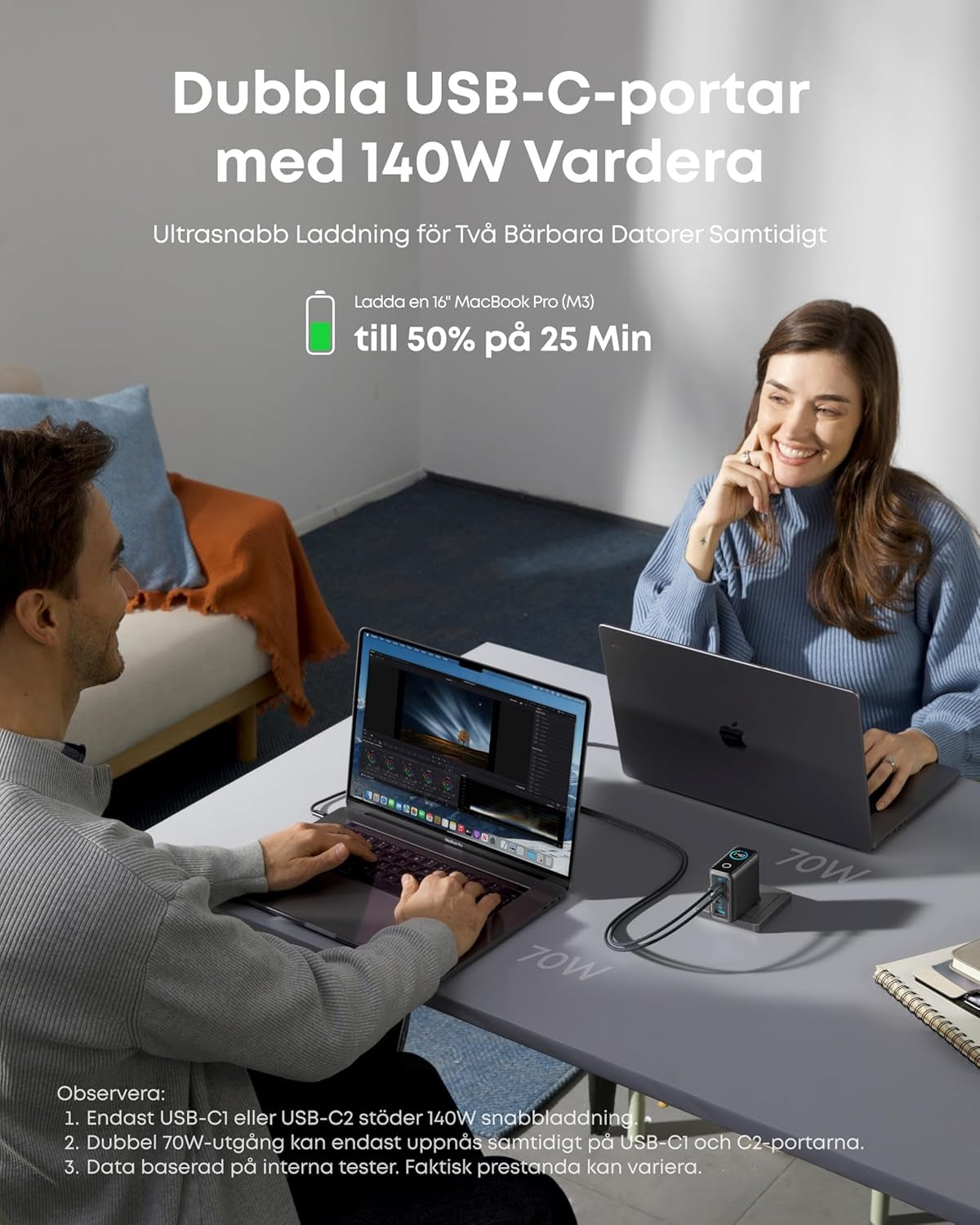 Anker 140W USB-C 4-Port Multi-Devices GaN-oplader, Touch Control, kompatibel med MacBook, iPhone 17/16/15, Samsung, Pixel og flere