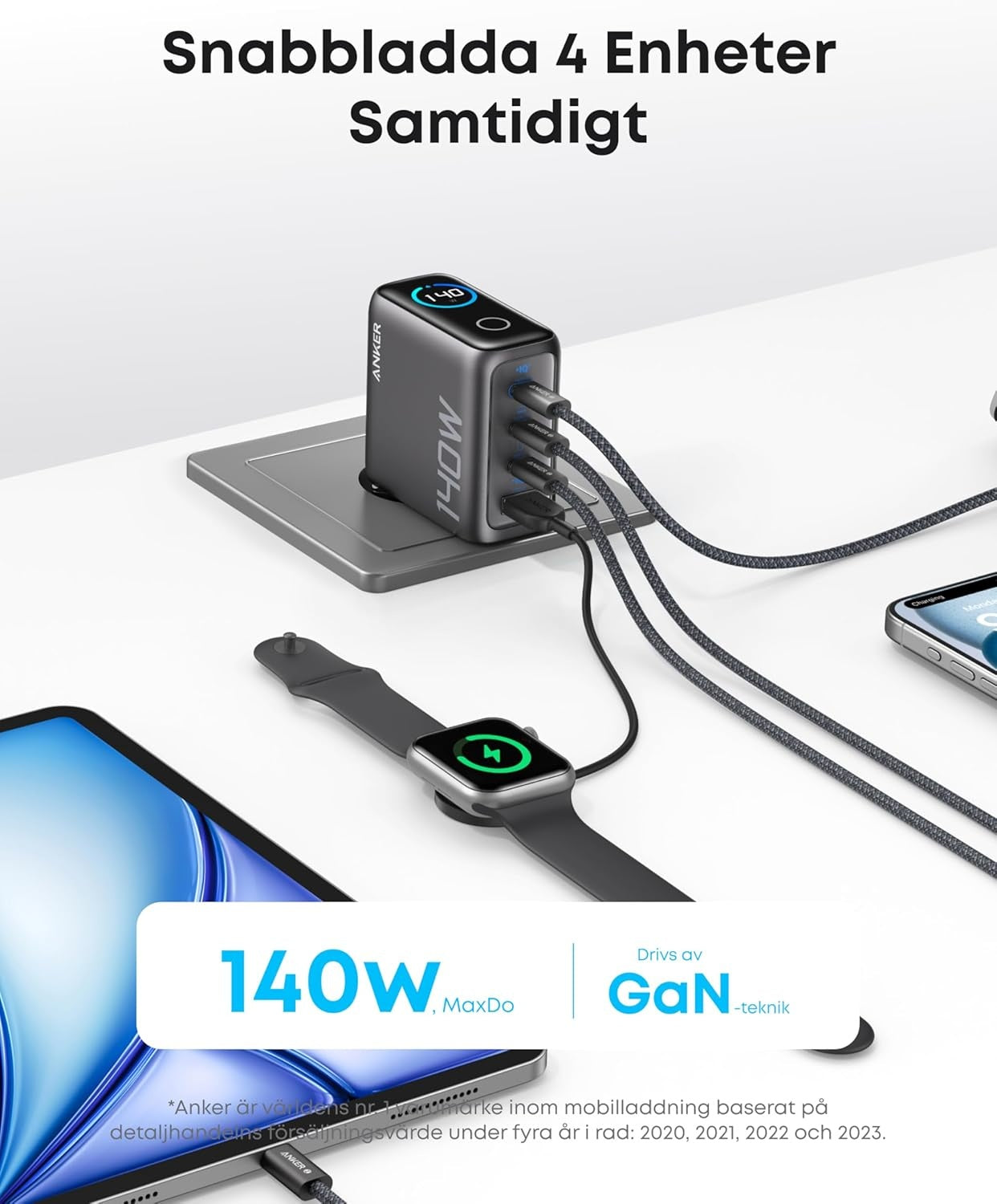 Anker 140W USB-C 4-Port Multi-Devices GaN-oplader, Touch Control, kompatibel med MacBook, iPhone 17/16/15, Samsung, Pixel og flere
