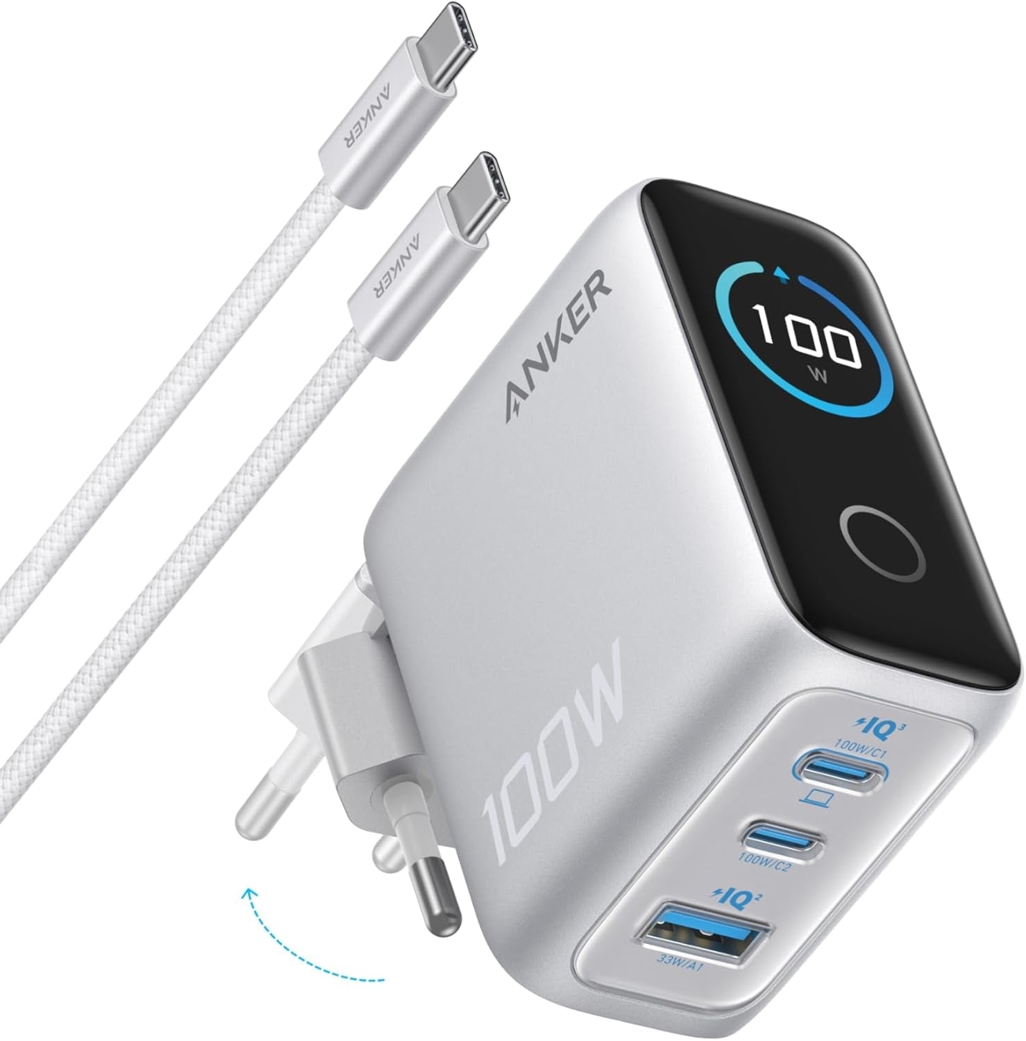 Anker Oplader 100W USB-C Ultra-kompakt 3-ports GaN-hurtigoplader til stikkontakt med smart display og touchstyring