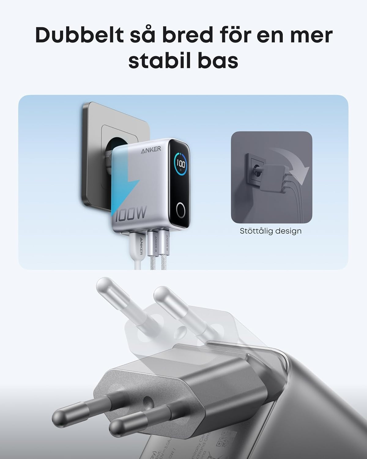 Anker Oplader 100W USB-C Ultra-kompakt 3-ports GaN-hurtigoplader til stikkontakt med smart display og touchstyring