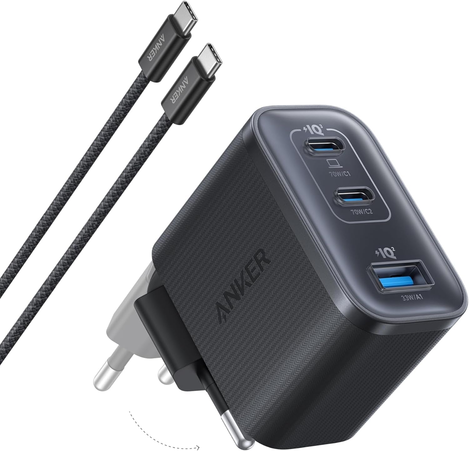 Anker Nano 70W USB-C oplader, 3-port strømadapter med ultrahurtig 70W opladning