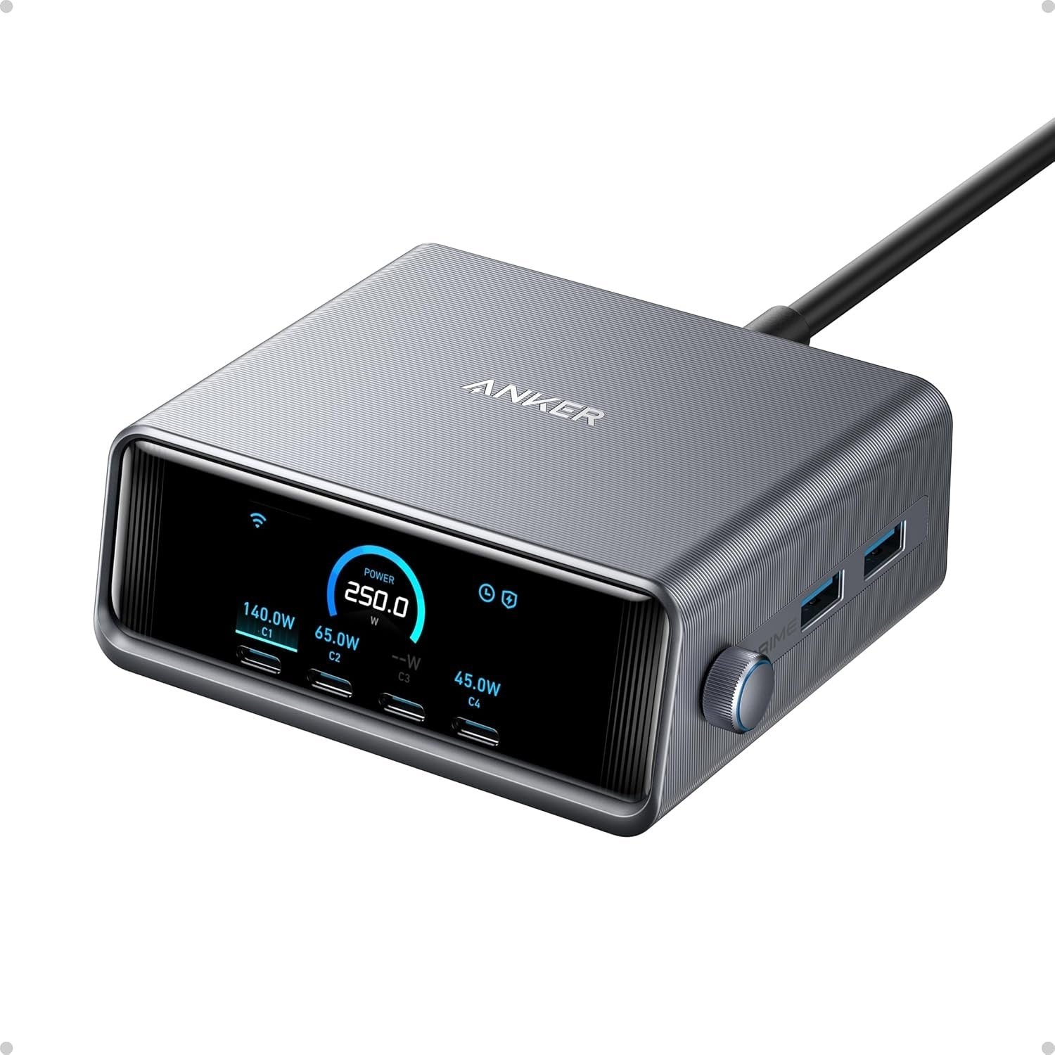 Anker Prime 250 W USB-C-oplader, Ultrahurtig 6-ports GaN, 6 cm LCD-skærm, Smart Control-controller