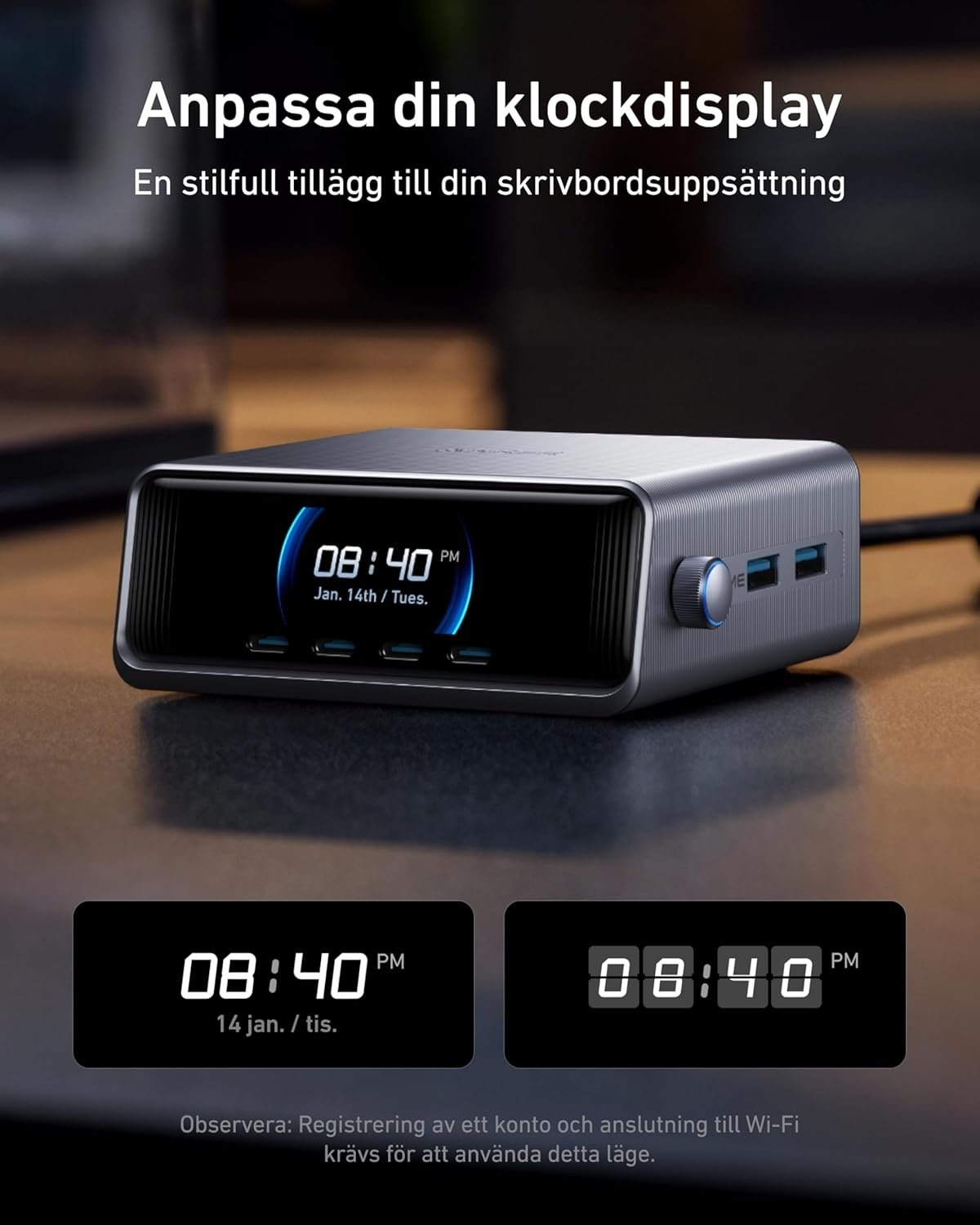 Anker Prime 250 W USB-C-oplader, Ultrahurtig 6-ports GaN, 6 cm LCD-skærm, Smart Control-controller