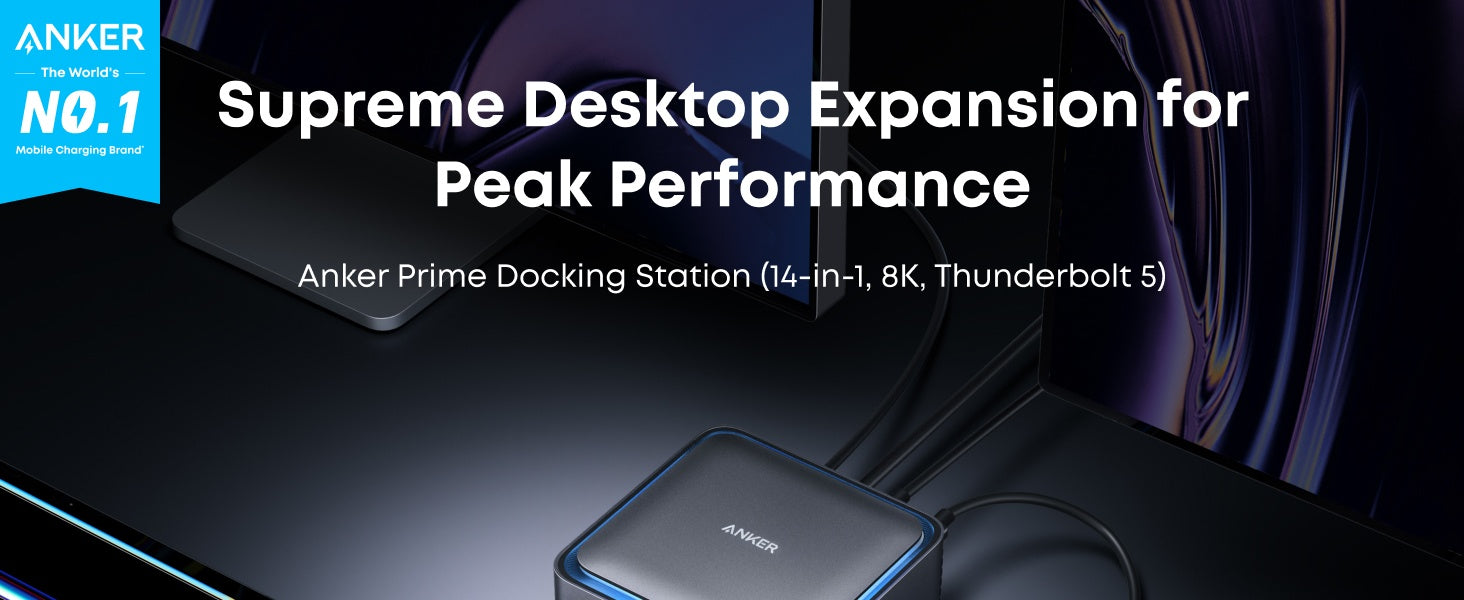 Anker Prime TB5 dockningsstation, 14 portar 140W Laddning, 120 Gbit/s max. Överföring upp till 8K-skärm för Thunderbolt 5/4-bärbara