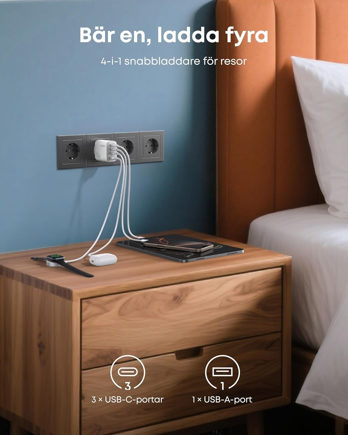 Anker Zolo Ultra Fast 70W USB-C 4-Port oplader, kompakt og stabil til iPhone 16/15, MacBook Air, iPad, Pixel, Galaxy