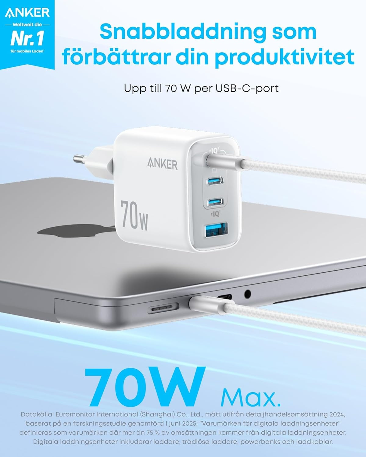 Anker Zolo Ultra Fast 70W USB-C 4-Port oplader, kompakt og stabil til iPhone 16/15, MacBook Air, iPad, Pixel, Galaxy