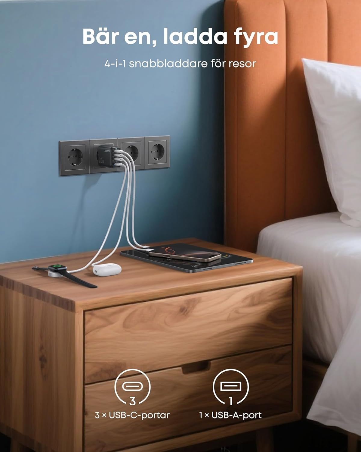 Anker Zolo Ultra Fast 70W USB-C 4-Port oplader, kompakt og stabil til iPhone 16/15, MacBook Air, iPad, Pixel, Galaxy