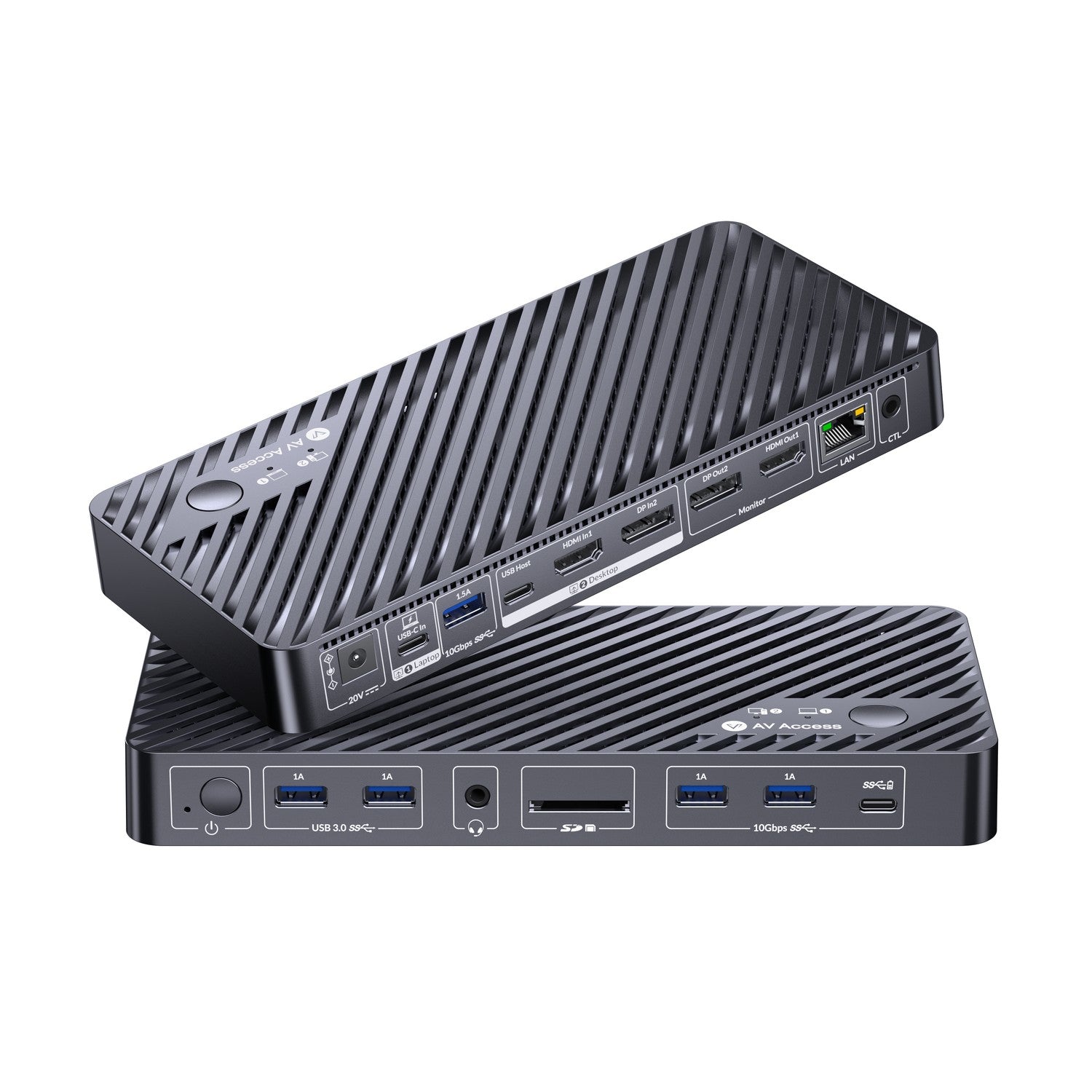 AV Access iDock B10 USB-C KVM-Switch Dockningsstation 2 til 2 for 1 Bærbar & 1 Stationær, 8K@60Hz Dobbelt Skærm, 100W Opladning, USB 3.2, 1G Ethernet