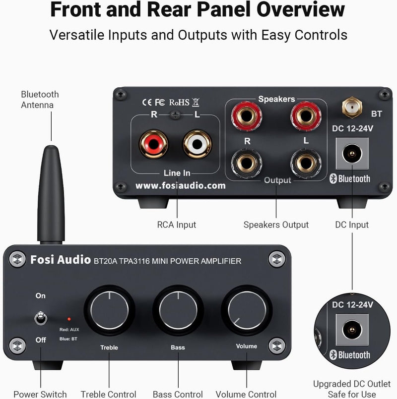 Fosi Audio Bluetooth 5.0 & R/L forstærker 100W x 2 med volumen, bas og diskant kontrol, sort