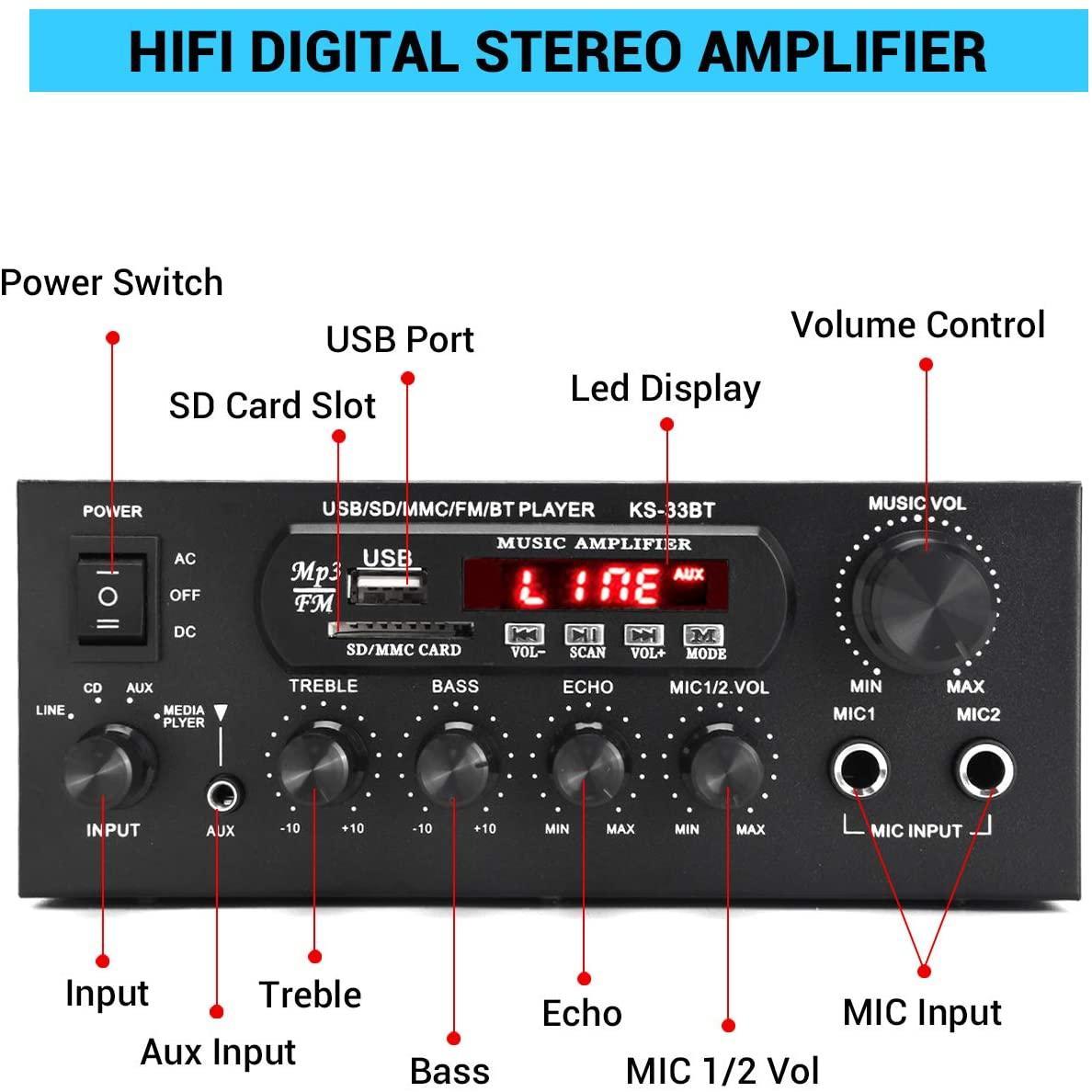 Bluetooth 5,0 stereoforstærkeren 60 + 60W RMS forstærker 2 mikrofonindgang digital audio karaoke