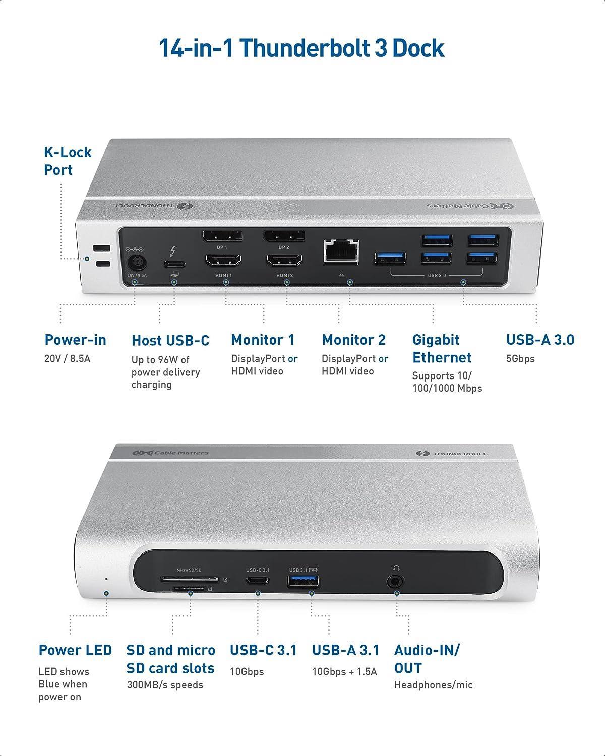 Cable Matters 14-ports Thunderbolt 3 dockingstation Dual HDMI DP 4K 60Hz 5xUSB-A 3.0, 1xGIGA LAN, 1xUSB-C 3.1, 1xUSB-A 3.1, 2xSD/MicroSD, 2xAudio