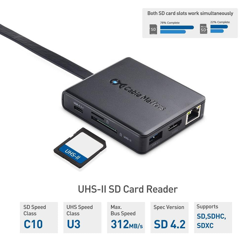 Cable Matters1 til 8 USB-C dockingstation HDMI 4K30Hz PD80W 2xUSB-C 5Gbps RJ45 Giga Lan Micro SD og SD-kortpladser