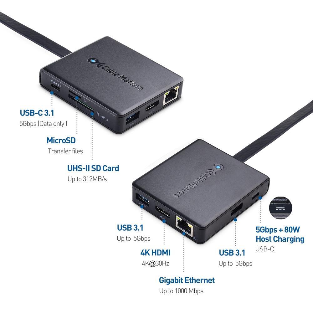 Cable Matters1 til 8 USB-C dockingstation HDMI 4K30Hz PD80W 2xUSB-C 5Gbps RJ45 Giga Lan Micro SD og SD-kortpladser