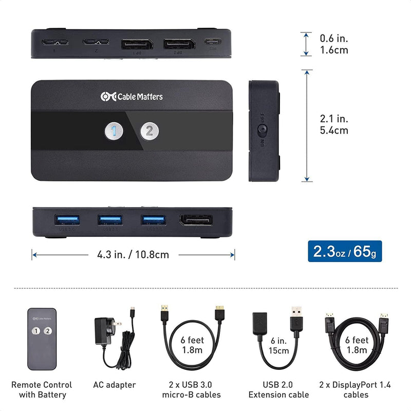 Cable Matters KVM-switch 2 til 1 Displayport 1.4 8K60Hz 4K120Hz 3xUSB3.0 med 5Gbps