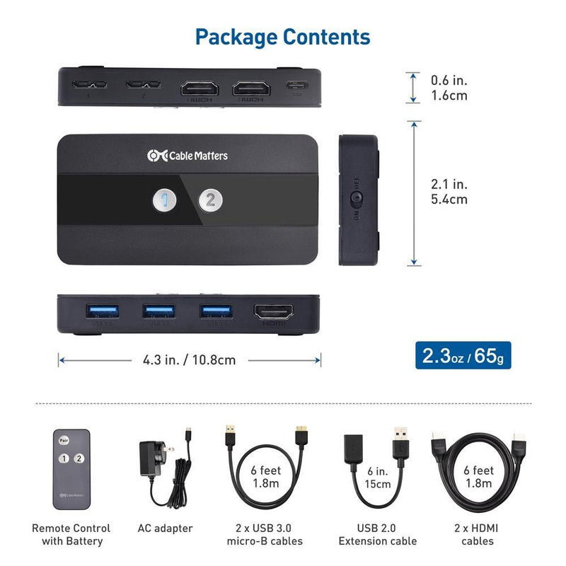 Cable Matters KVM-switch HDMI 2 til 1, 3x USB-A