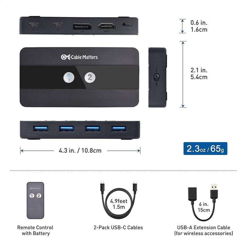 Cable Matters USB-C KVM-switch 2 til 2 HDMI og DP 8K30Hz 4K60Hz 4xUSB3.0 Gbps kompatibel med Thunderbolt 3, 4 og USB4