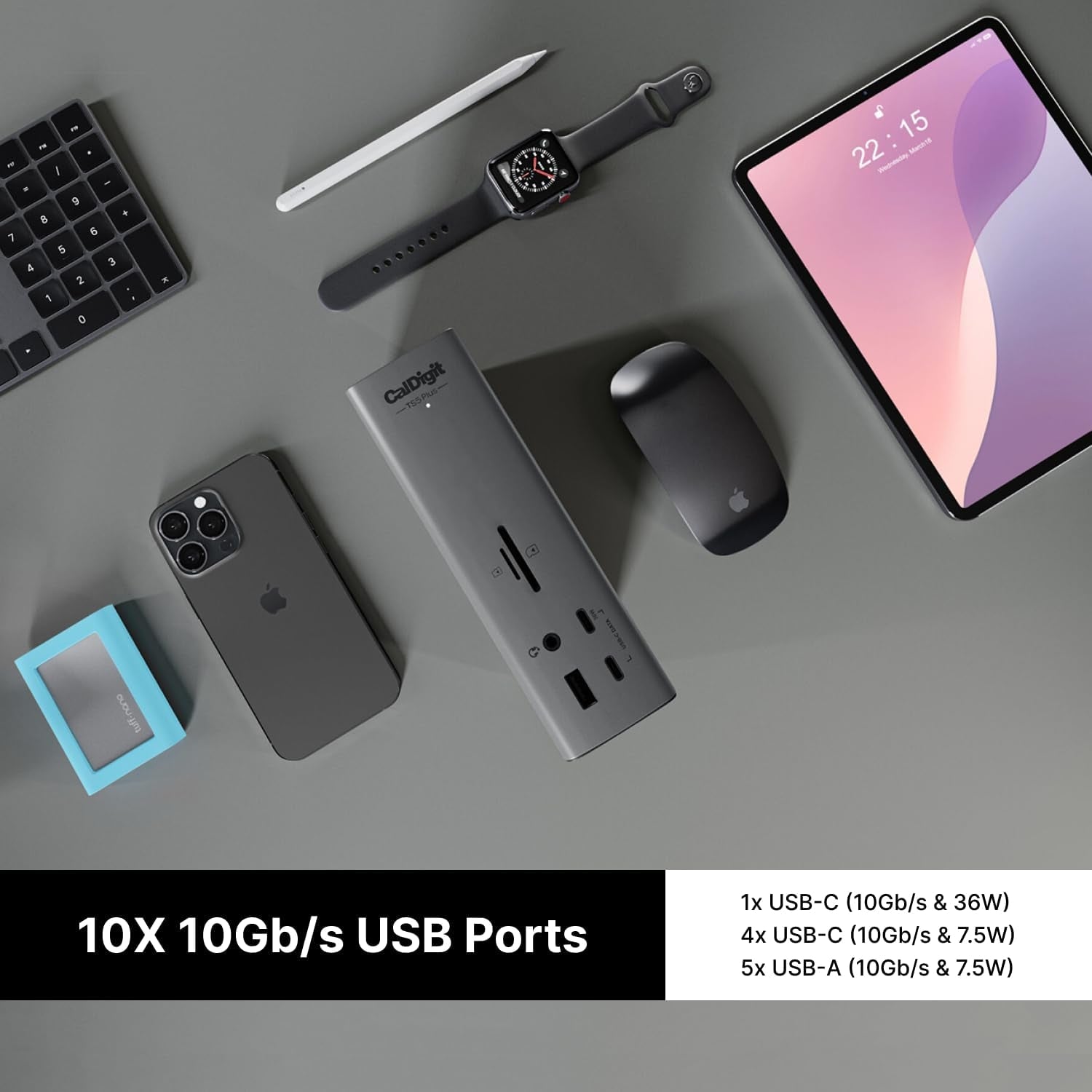 CalDigit TS5 Plus - 20 Porte Thunderbolt 5 Dockningsstation, 140W Opladning, 3X 80Gb/s Thunderbolt 5, 10x 10Gb/s USB Porte