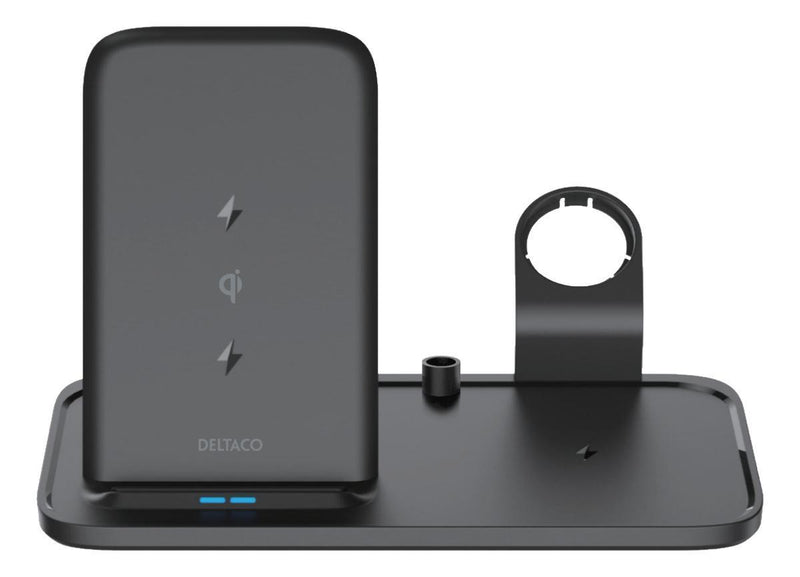 DELTACO 2-i-1 trådløs oplader, 10 W, USB-C, Qi-certificeret, Dual LED-indikatorer, sort