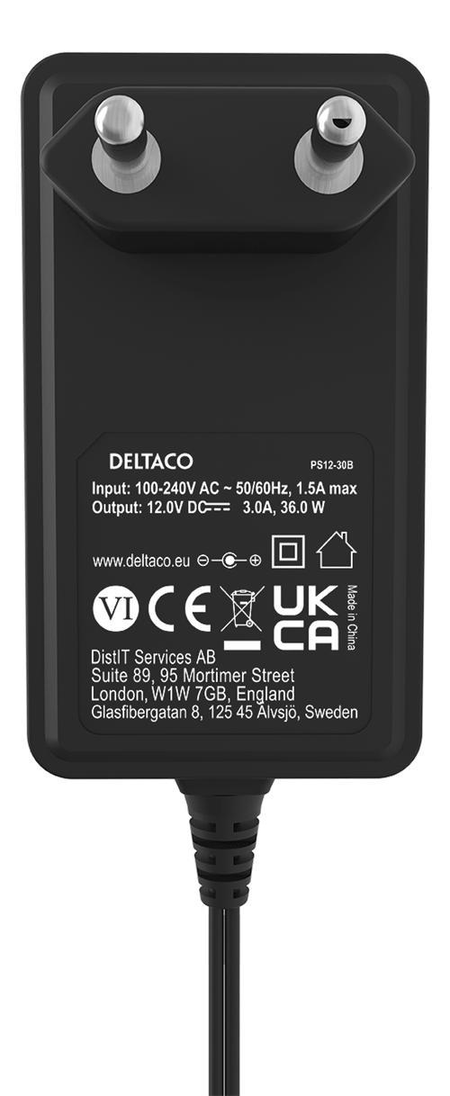 DELTACO Netadapter, 100-240V AC 50/60 Hz til 12V DC, 3A, 1,5m kabel, sort