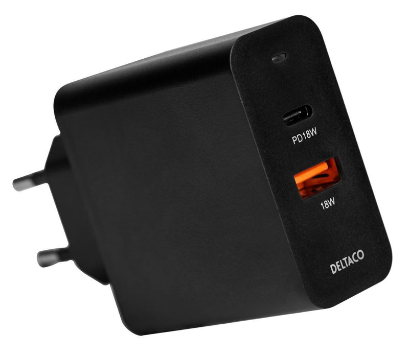 DELTACO USB-vægoplader med to porte og PD, 1x USB-A, 1x USB-C, PD, 36 W, sort