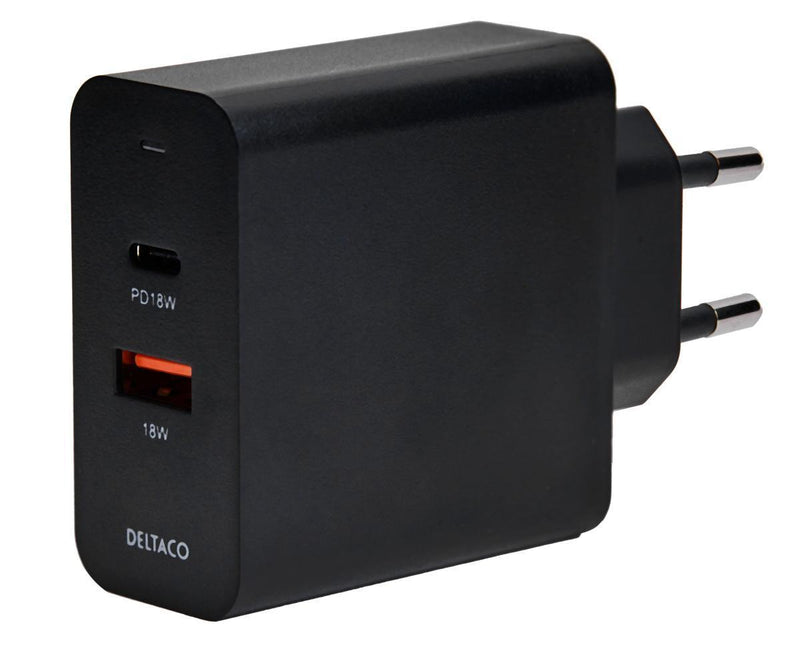 DELTACO USB-vægoplader med to porte og PD, 1x USB-A, 1x USB-C, PD, 36 W, sort