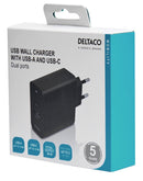 DELTACO USB-vægoplader med to porte og PD, 1x USB-A, 1x USB-C, PD, 36 W, sort