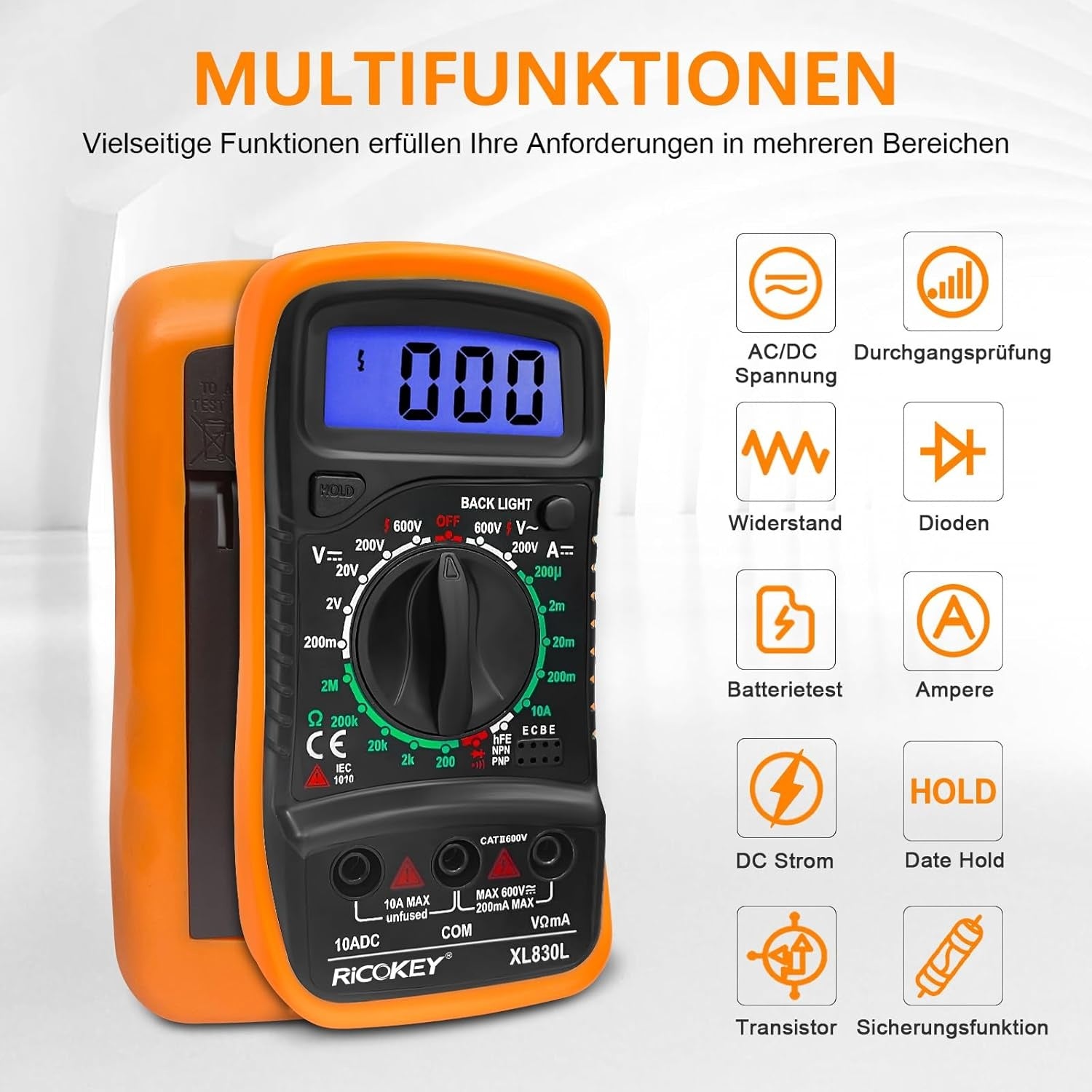 Digital Multimeter Voltmeter Battery Tester Voltage Tester Continuity Tester Ohm Volt Ampere Meter AC/DC Voltage Current Resistance Diode Transistor