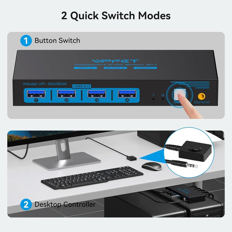 NÖRDIC KVM-switch 2 til 1 DisplayPort til DisplayPort, 8K60Hz/4K120Hz, 4x USB-A