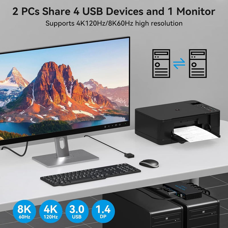 NÖRDIC KVM-switch 2 til 1 DisplayPort til DisplayPort, 8K60Hz/4K120Hz, 4x USB-A