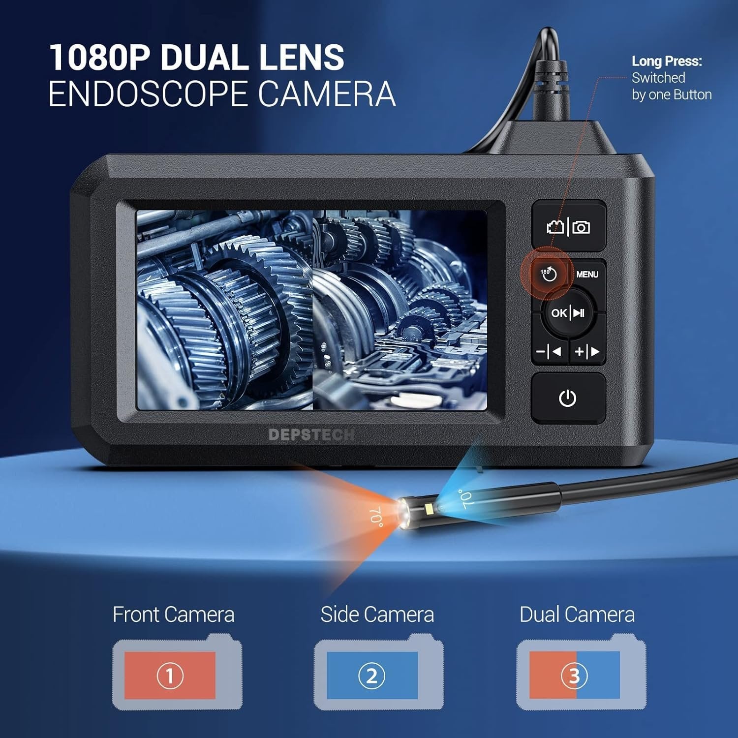 DS300 Double Lens Endo-/Borescope 1080P digitalt inspektionskamera, 5m kabel 7,9 mm IP67 4,3" LCD-skærm, 7x LED