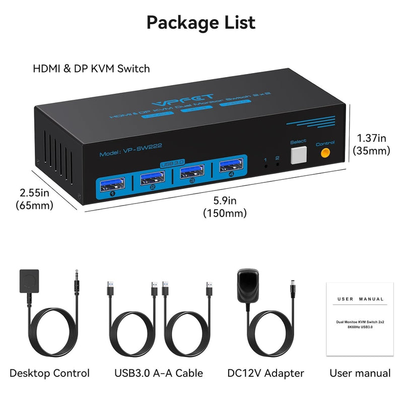 NÖRDIC KVM-switch 2 til 2 DisplayPort & HDMI, 8K60Hz/4K120Hz, 4x USB-A