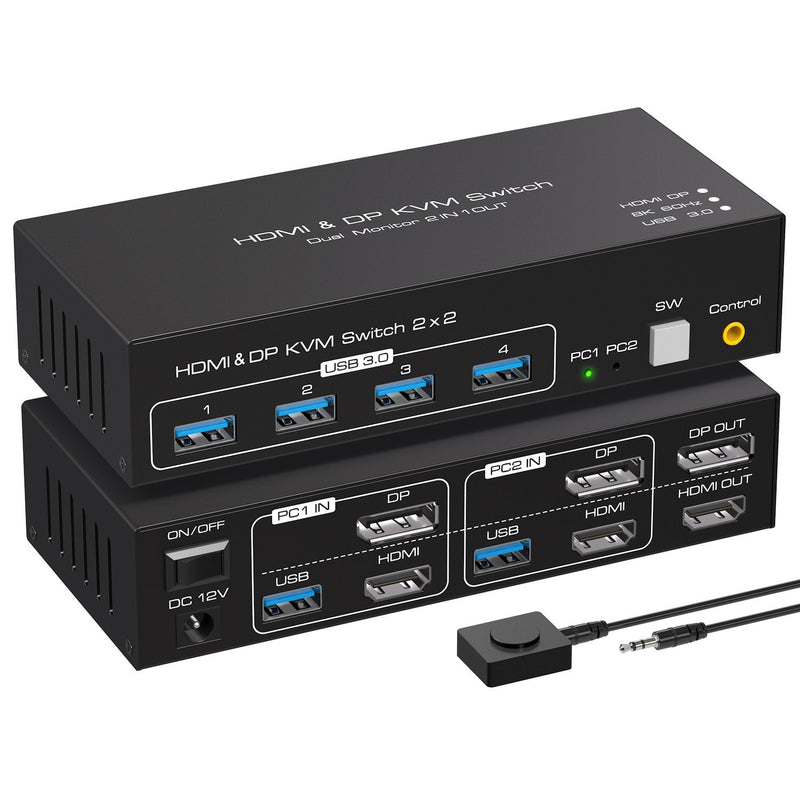 NÖRDIC KVM-switch 2 til 2 DisplayPort & HDMI, 8K60Hz/4K120Hz, 4x USB-A