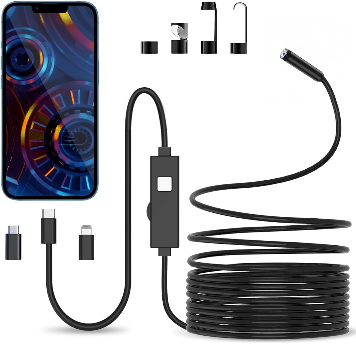 NÖRDIC endoskopkamera til mobiltelefon med lys, 1080P HD, 8 LED-lys, vandtæt IP67, ingen WiFi nødvendig, Android og iOS