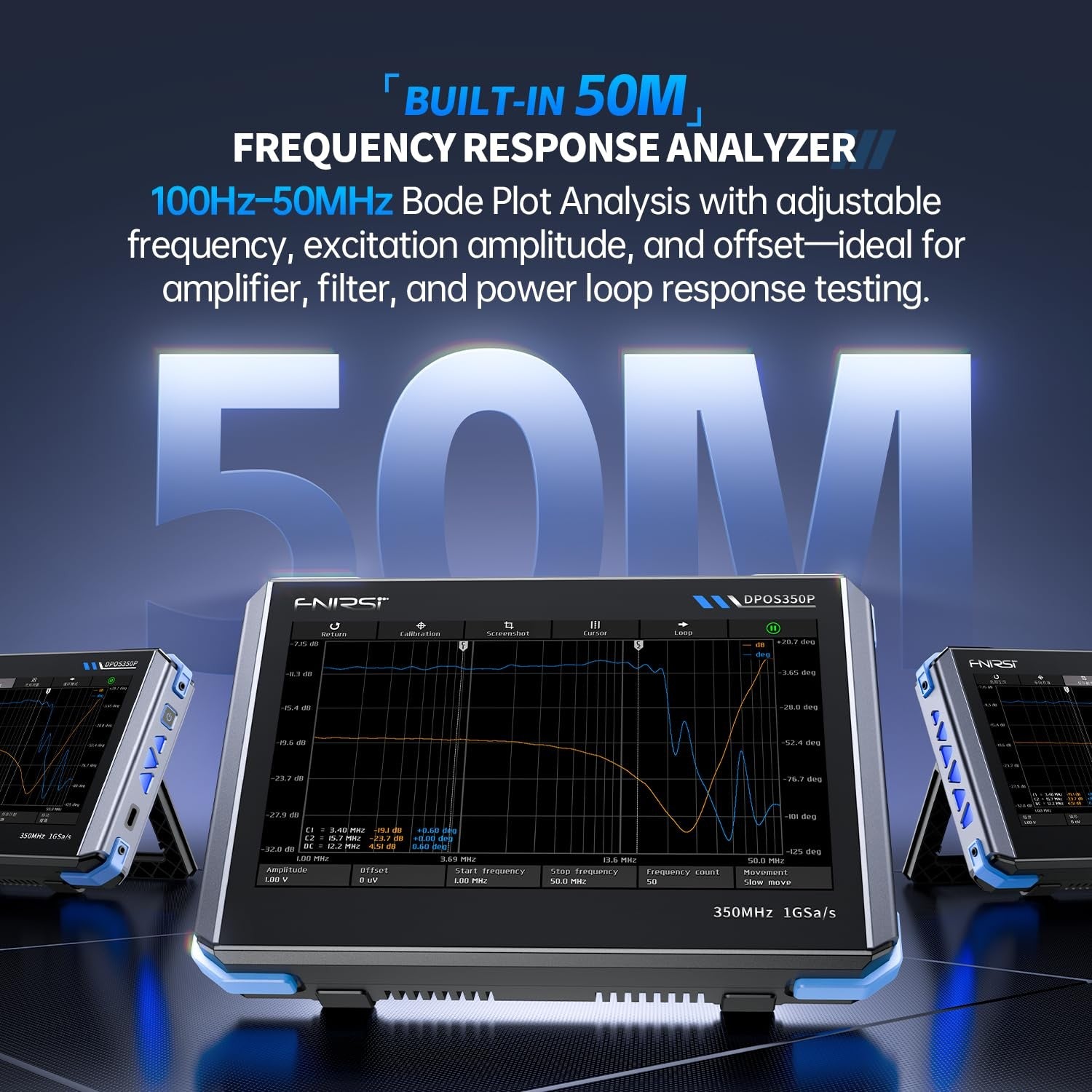 FNIRSI DPOS350P 4-i-1 Tablet Oscilloskop 350MHz, Spektrumanalysator 200KHz - 350MHz, Frekvensresponsanalysator DDS-generator, 2CH