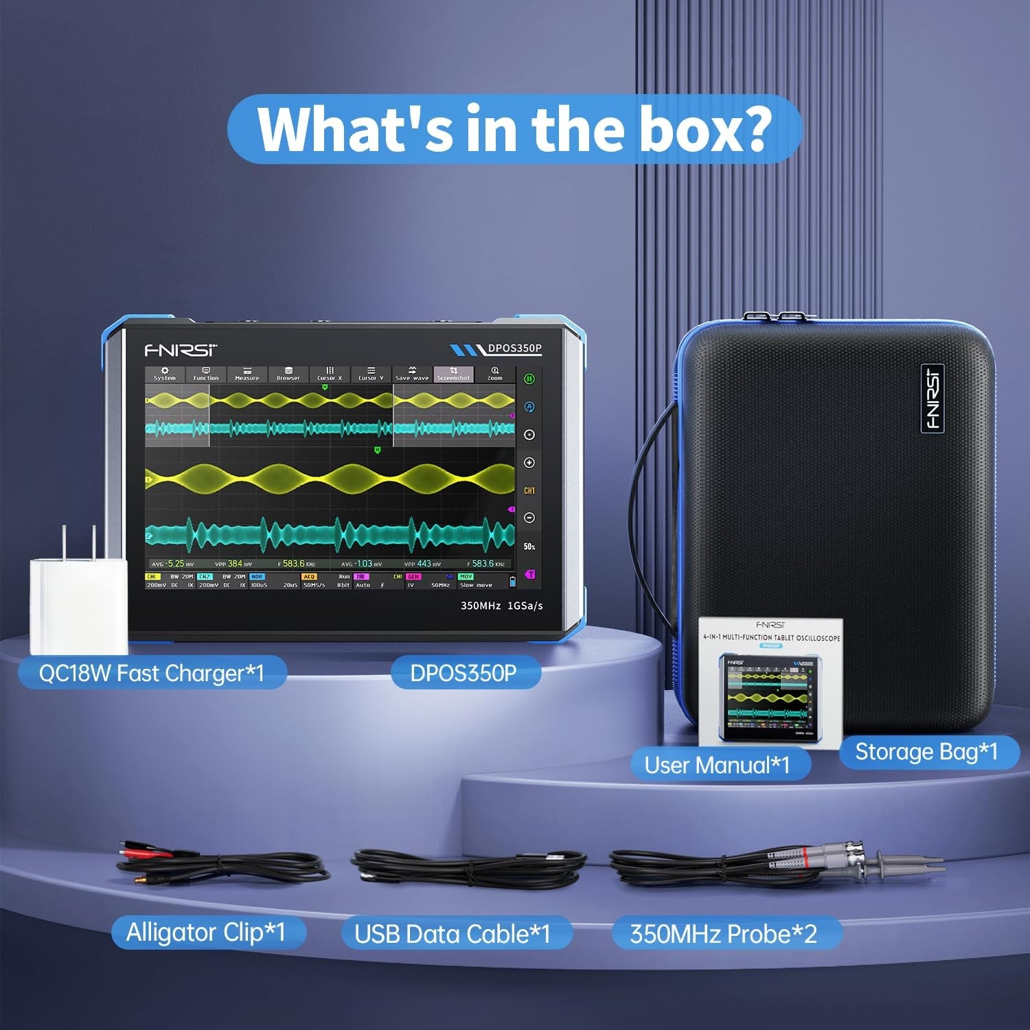 FNIRSI DPOS350P 4-i-1 Tablet Oscilloskop 350MHz, Spektrumanalysator 200KHz - 350MHz, Frekvensresponsanalysator DDS-generator, 2CH