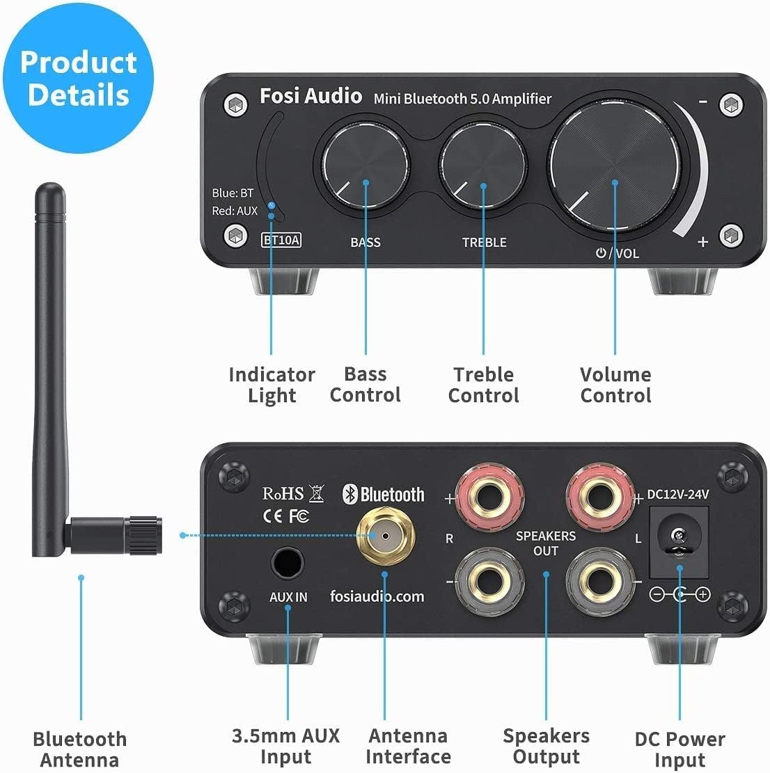 Fosi Audio BT10A Bluetooth 5.0 Stereo Audio Amplifier Receiver 2 Channel Class D Mini Hi-Fi integreret forstærker til passive hjemmehøjttalere 50W x 2 TPA3116