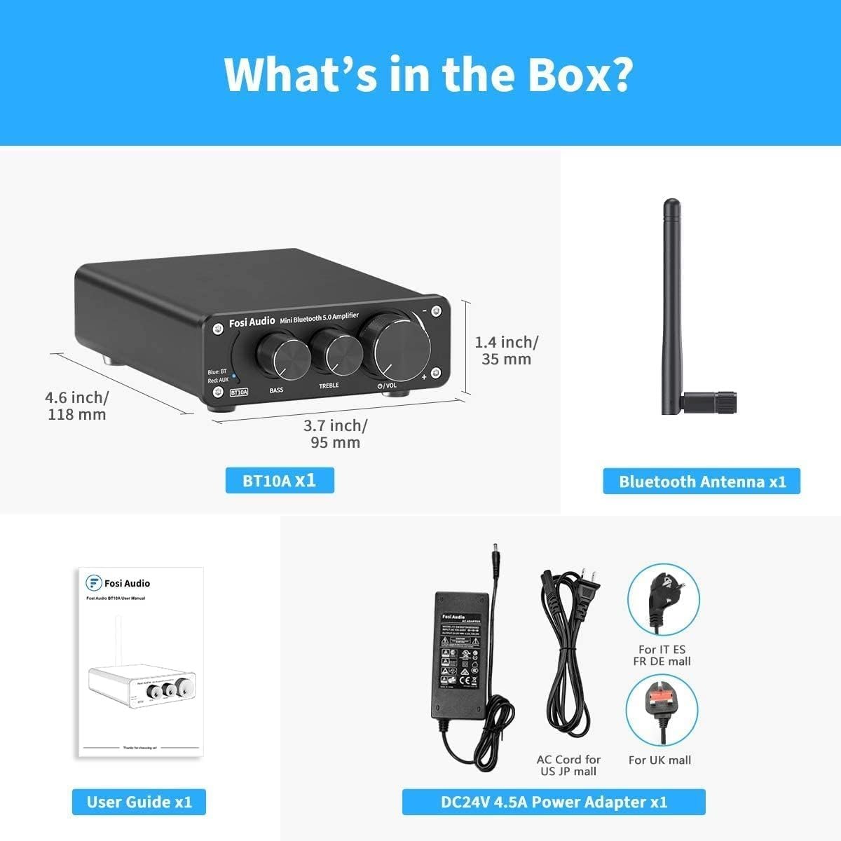 Fosi Audio BT10A Bluetooth 5.0 Stereo Audio Amplifier Receiver 2 Channel Class D Mini Hi-Fi integreret forstærker til passive hjemmehøjttalere 50W x 2 TPA3116