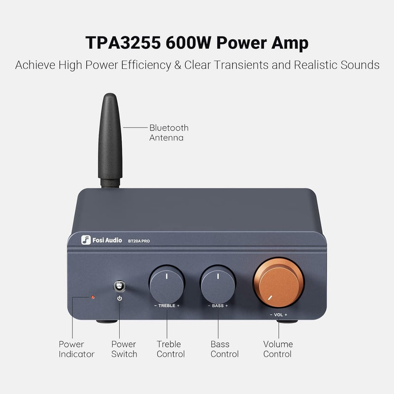 Fosi Audio Bluetooth 5.0 & R/L forstærker 300W x2 med volumen, bas og diskant kontrol