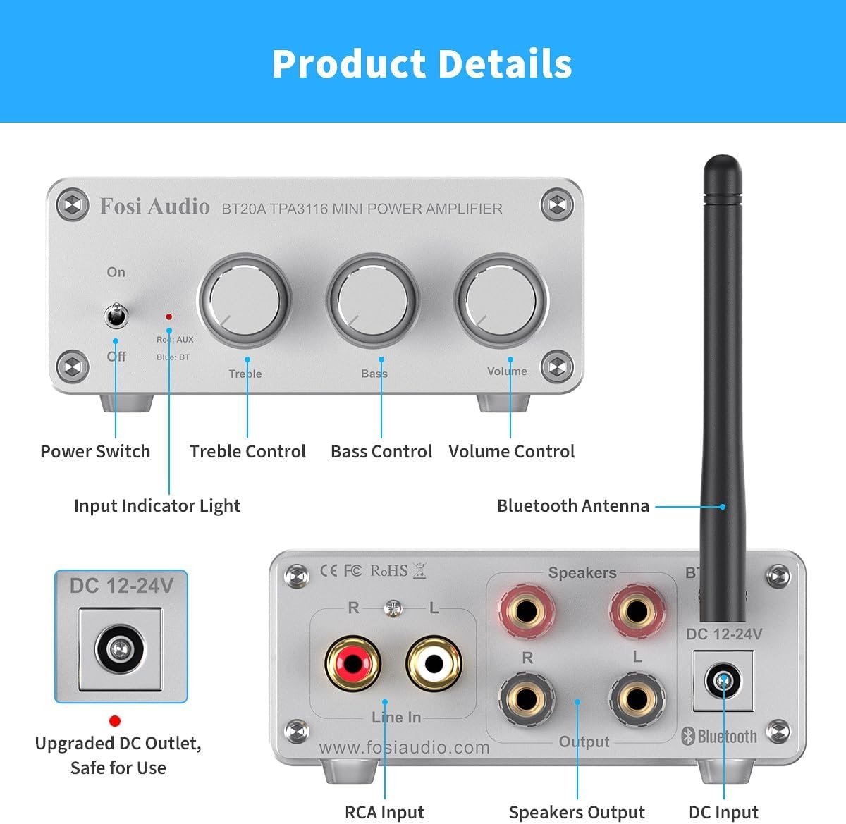 Fosi Audio Bluetooth 5.0 & R/L forstærker 100W x 2 med volumen, bas og diskant kontrol, hvid