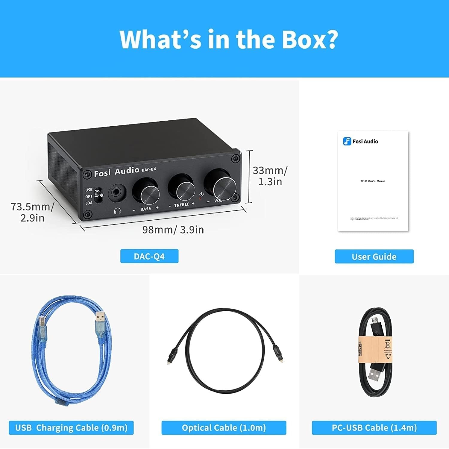 Fosi Audio Mini DAC & hovedtelefonforstærker, 24-bit/192kHz USB/optisk/koaksial til RCA/AUX