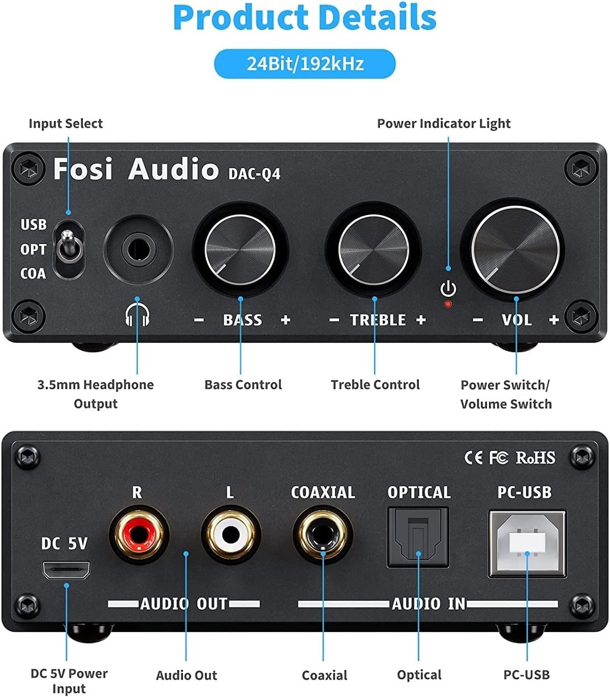 Fosi Audio Mini DAC & hovedtelefonforstærker, 24-bit/192kHz USB/optisk/koaksial til RCA/AUX